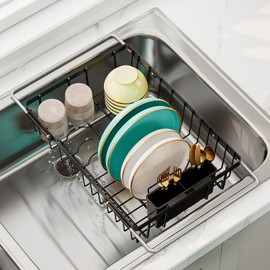 HANLE Expandable in The Sinks Small Dish Drying Rack with Drying Tray & Utensil Holder, Over The Sink Stainless Steel Dish Drainer for Kitchen Counter