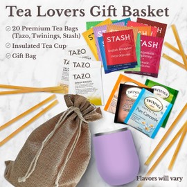Bellina Tea Gift Baskets for Women and Men - Herbal Tea Variety Pack Gift Set for a Special Someone & Tea Lovers - Insulated Tea Cup, 20 Premium Teas, 10 Honey Straws, Gift Tag, Natural Gift Bag