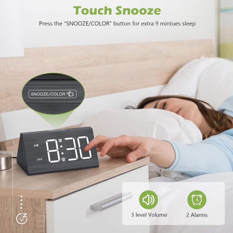 KeeKit Wooden Digital Alarm Clock, Large Display LED Clock with