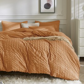 JELLYMONI Burnt Orange Duvet Cover Full Size, 3pcs Washed Microfiber Bedding Set, Soft Breathable Seersucker Duvet Cover Set with Zipper Closure and Corner Ties for All Seasons