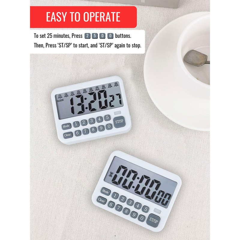 Digital Multifunction Timer with Clock, 10 Preset Alarms, Countup &