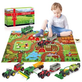 Oriate Farm Tractor Play Set 34-Piece Die-Cast Model Vehicle Trolley Truck, Large 12 cm Toy, Includes 120 x 80 cm Children's Floor Mat, Great Birthday Gift for Boys Girls