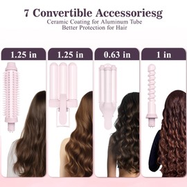 Curling Iron Set 7-in-1, Curling Wand Set with 7 Interchangeable Barrels Included A Heated Round Brush, 3 Hair Crimper, Ceramic Coating Protect Hair, with Gift Package (0.6"-1.25") Pink