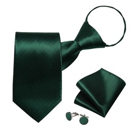 DiBanGu Silk Zipper Ties for Men,Paisley Solid Plaid Pre-tied Tie and Pocket Square Cufflinks Set Formal Adjustable Necktie, Emerald Green