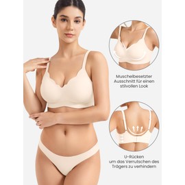 ZAAYO Women's Bra Full Cups Without Underwire Seamless Bra Deep V Neck Serrated Cut Padded Bralette Push Up Bra Non-Wired Bustier with Additional Bra Extension, White, M
