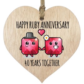40th Wedding Anniversary Plaque Gift for Husband Wife - 40 Years Together - Happy Ruby Anniversary Wooden Heart for Women Men Partner, Light Wood Sign Keepsake Gifts