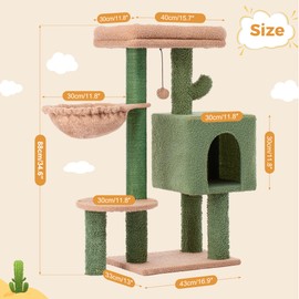 Meowrista Cactus Cat Tree Small Cat Tower with 32 Inches Scratching Post with Cats Condo House, Cozy Hammock and Removable Top Bed and Dangling Ball for Indoor Cats-34” Green
