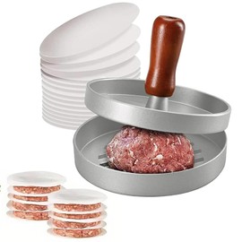 Aluminum Hamburger Press with 100 Non-Stick Wax Papers, Meat Patty Maker for Stuffed Burgers, Beef, BBQ & Baking