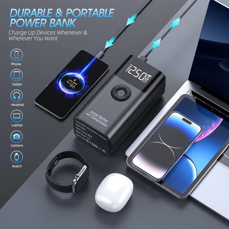 LERTIN Jump Starter with Air Compressor, LERTIN 2500A 150PSI Portable