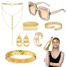 7Pcs Gold Disco Accessories, Retro 70s Disco Party Outfit Jewelry Set, Disco Costume Accessories Glitter Earrings Necklace Bracelet Hair Comb Rhinestone Frame Sunglasses for Women