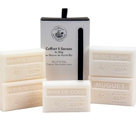 La Maison du Savon de Marseille - French Soaps - Bio Sheabutter Hautpflege Geschenkset - Clean Set - Sweet Mandel - Baumwollblume - Maiglöckchen - Weißer Moschus - Kokosnuss - 5 x 125g Riegel