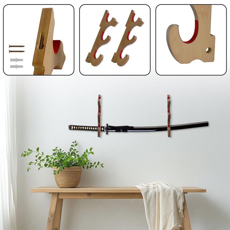 Suerhatcon 3-Tier Sword Stand Wall, Wooden Sword Holder Katana Wall