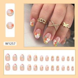 EYZOTSF Press on Nails Short Oval Shaped Acrylic Extra Short Length Oval False Nails with Designs Artificial French Fake Nails with Charms Glue Stick ons Fingernails for Women Girls(W1257)