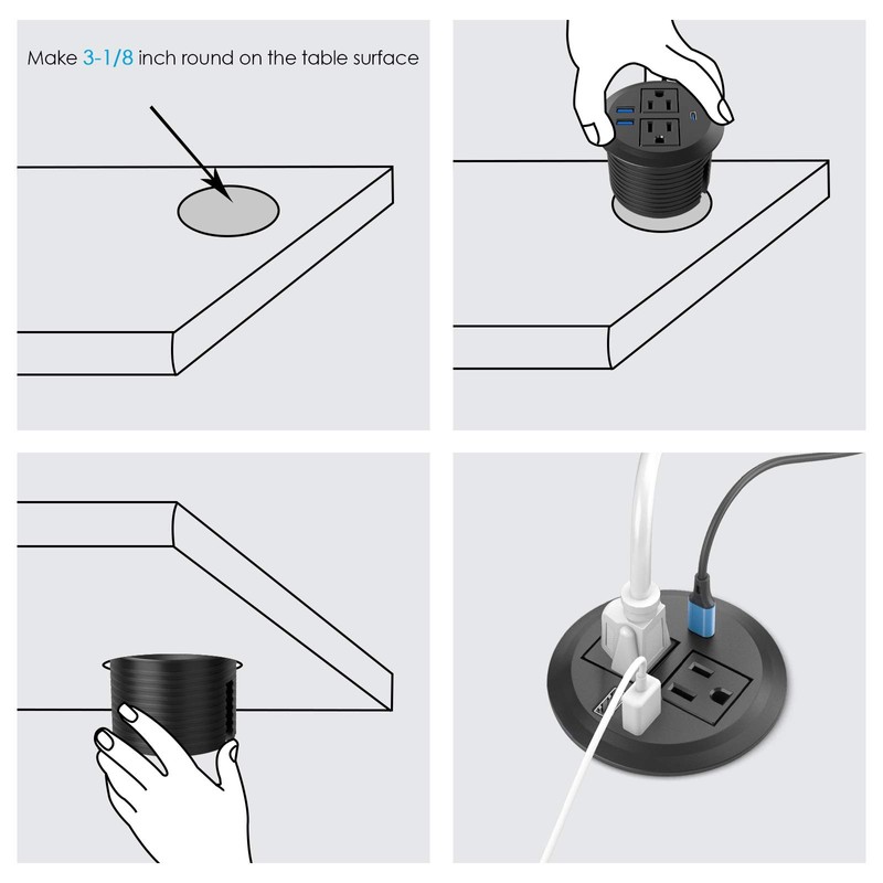 Recessed Desk Power Grommet – 2 AC Outlets & 3 USB Ports, 20W USB-C, Flush Mount