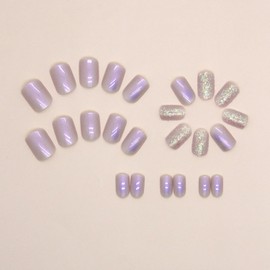 Press on Nails Short Square False Nails Aurora Purple Fake Nails Artificial Acrylic Nails Glitter Sequins Design Light Purple Artificial Nails Full Cover Reusable Coffin Nails Glue on Nails for Women