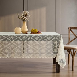 HLC.ME Isabella Floral Lace Tablecloth, Lace Fabric Table Cloth for Rectangle Tables, Wrinkle Resistant Tablecloth, Patterned Scalloped Tablecloth (60 W x 84 L, Linen Taupe)