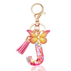 JINGUAZI Initial letter Keychains for Women Tassel Butterfly Pink Cute Car Keychain for Wallet Purses Backpack (Pink J)