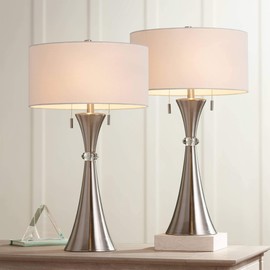 Rachel Modern Art Deco Table Lamps 28" Tall Set of 2 Concave Column Hourglass Silver Metal White Drum Shade for Living Room Bedroom House Bedside Nightstand Home Office Reading - 360 Lighting