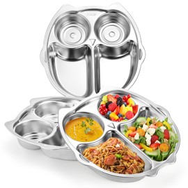 Noamus 3 Pack Stainless Steel Divided Plates, 4 Sections 304 Dinner Platter, Diet Portion Control Tray, 9 Inch Owl Shape Meal Plate for Adult Children Picky Eaters, Camping Dish Lunch Snack