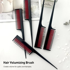 5-Piece Triple Teasing Comb Set - Rat Tail Combs for Women, Perfect for Adding Volume and Evening Styling (Black with Red, 8 x 1.2 inch)
