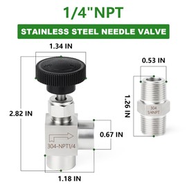 TAISHER 1PCS 304 Stainless Steel 90 Degree Needle Valve 1/4" Female NPT For Flow Control Water Gas Oil With Nipple
