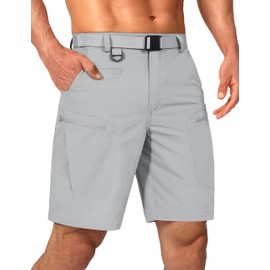 Shallowlulu Mens Cargo Hiking Shorts Water Resistant Quick Dry Lightweight Breathable Tactical Shorts with Nylon Belt(Light Grey 34W/10L)