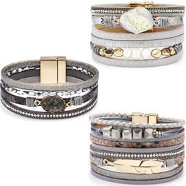 Suyi Leopard Bracelet Multilayer Leather Bracelet Set Wrist Wrap Bracelet for Women Girls 3 Pieces Set3