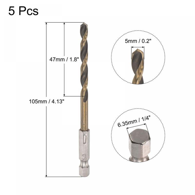 sourcing map 5 Pcs High Speed Steel Hex Shank Twist