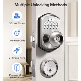 TEEHO Keyless Entry Door Lock - Keypad Door Lock with Handle - Electronic Digital Door Lock for Front Door - Smart Keypad Deadbolt with Door Knob - Auto Lock - Anti-Peeping Password - Satin Nickel