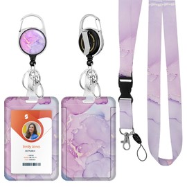 ID Badge Holder with Lanyard, Retractable ID Badge Card Holders, Removable Neck Lanyard Strap with Badge Reel and Vertical ID Holder for Nurse Students (Marbled Light Purple)
