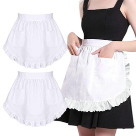 2Pcs Half White Apron, Frilly Waitress Apron with 2 Pockets, Women's Kitchen Half Aprons For Cooking, Ruffle French Maid Aprons for Women Or Men, for Party Kitchen Cooking Coffee Baking Cosplay