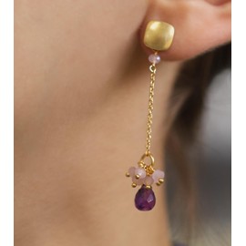 KOKO Long earrings made of rose quartz and amethyst, real 18 carat gold plated, jewellery with natural gemstones, for women and young women, gift box included, Brass, Quartz Amethyst