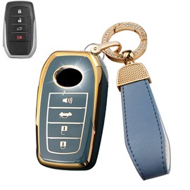 SANRILY Golden-Edge 4 Button Key Fob Cover for Toyota Corolla XE Tundra 2023 2022 2021 Venza 2019 Land Cruiser 2021 RAV4 Prime Hilux Keyless Key Case with Bling Keychain Gray-Blue