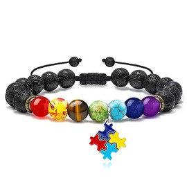 Dreuyet Autism Awareness Bracelet 7 Chacarat Bead Lace Bracelet Red Ribbon Charm Bracelets Healing Chakra Crystal Bracelets Puzzle Piece Jewelry Gifts (Autism Puzzle Piece)