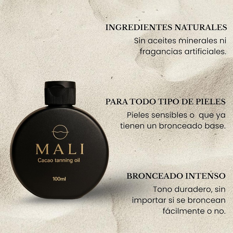 Bronceador Mali Ingredientes 100% Naturales, Aceite a base de Cacao