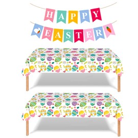 MEILINJIAN 2 Pack Easter Tablecloths Plastic 54x108 Inch Disposable with Happy Easter Banner,Spring Easter Party Decorations,Rectangle Disposable Tablecloths for Easter Egg Celebration
