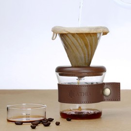 ATHIA Glass Pour Over Coffee Dripper Set, Glass Cone Dripper, Reusable Cloth Filter, Leather Cup Sleeve, Minimal Single Cup SET, for outdoor, office or at home (Walnut Wood)