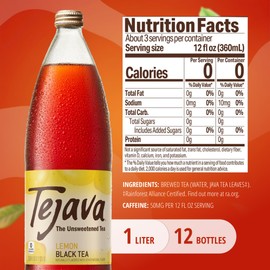 Tejava Lemon Black Iced Tea, 12 Pack, 1 Liter Glass Bottles, Unsweetened, Non-GMO, Kosher, No Sugar or Sweeteners, No calories, No Preservatives, Brewed in Small Batches