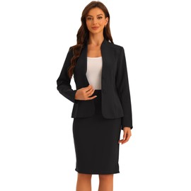Allegra K 2 Piece Suit Skirt Set for Women's Business Formal Collarless Blazer and Pencil Skirts Large Black