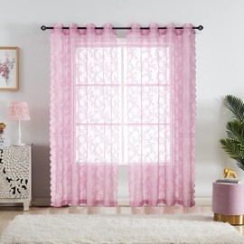 Lotusolution Floral Lace Sheer Curtains Pink 63" Vintage Floral Embroidery Window Voile Drapes for Kids Bedroom Flower Privacy Light Filtering Grommet Curtain Panels for Bedroom 55" W, Set of 2