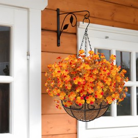 Luiywan Artificial Fall Flowers with Hanging Basket, Fake Mums Daisy Plants with Eucalyptus Leaves UV Resistant, Outdoor Autumn Decor for Home Garden Porch Patio Thanksgiving (Orange, 1 Pack)