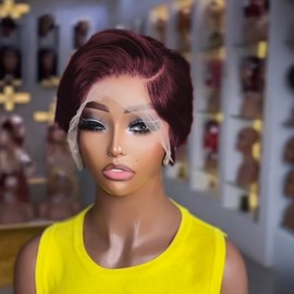 PangDongLai 13x4x1 Lace Frontal Wigs Pixie Cut Lace Front Human Hair Wigs Chic Elegent Short Straight Bob Wigs Pixie Cut Wigs For Black Women 150% Density Dark 99j for Daily Use (dark 99J)