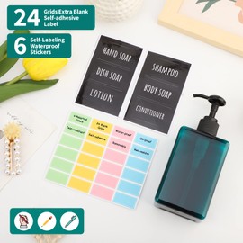 Segbeauty 4 botellas vacías de champú, botella cuadrada de plástico de 9.5 onzas, recargable, dispensador de loción verde, contenedor de maquillaje con etiquetas para viajes, baño, hotel, cocina, lavabo, aparador