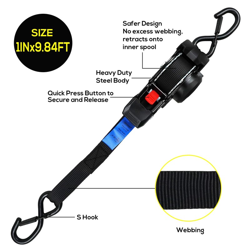 ANLULOAD Retractable Ratchet Strap(1 in x 9.8 ft),Ratchet Tie Down
