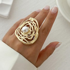 Niaspi Pearl Geometric Open Bnad Promise Statement Ring for Women Gold Plated Vintage Retro Faux Pearl Adjustable Baroque Finger Ring Irregular Lava Wedding Party Statement Ring Jewelry