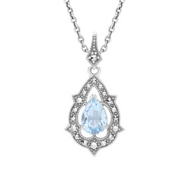 Esse Marcasite Sterling Silver Victorian Blue Topaz and Marcasite Necklace of Length 46cm