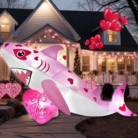 9FT Long Giant Inflatables Pink Shark with I Chew You Heart Decorations Built-in LED Lighted Blow Up Decoration Home Yard Outdoor Indoor Garden Lawn Decor