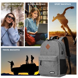 BICPSRO Backpack for Women Men, Lightweight School Backpack for Girls Boys Teens, 17.3 Inch Laptop Daily Use back pack with USB Charger, College High School Bookbag mochilas para hombres, Grey