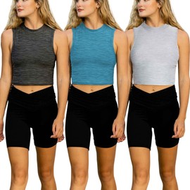SUMONA 3 Pack Assorted Color Everyday Casual Sport Yoga Women Mock High Neck Crop Tops (3XL, Blue/Charcoal/Light Grey)