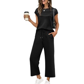 WIHOLL Plus Size Two Piece Outfits for Women Casual Summer Lounge Sets Short Sleeve Travel Tracksuit Wide Leg Loungewear Vacation Clothes Women's Trendy Spring Sweatsuit Dressy Black 3XL